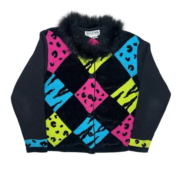 Vintage Jack B Quick Funky Y2K Statement Cardigan Sweater Harlequin Feather M - Picture 10 of 11